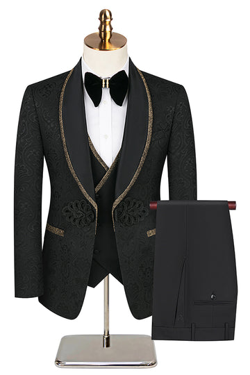 Jacquard Black Shawl Lapel 3 Pieces Prom Suits